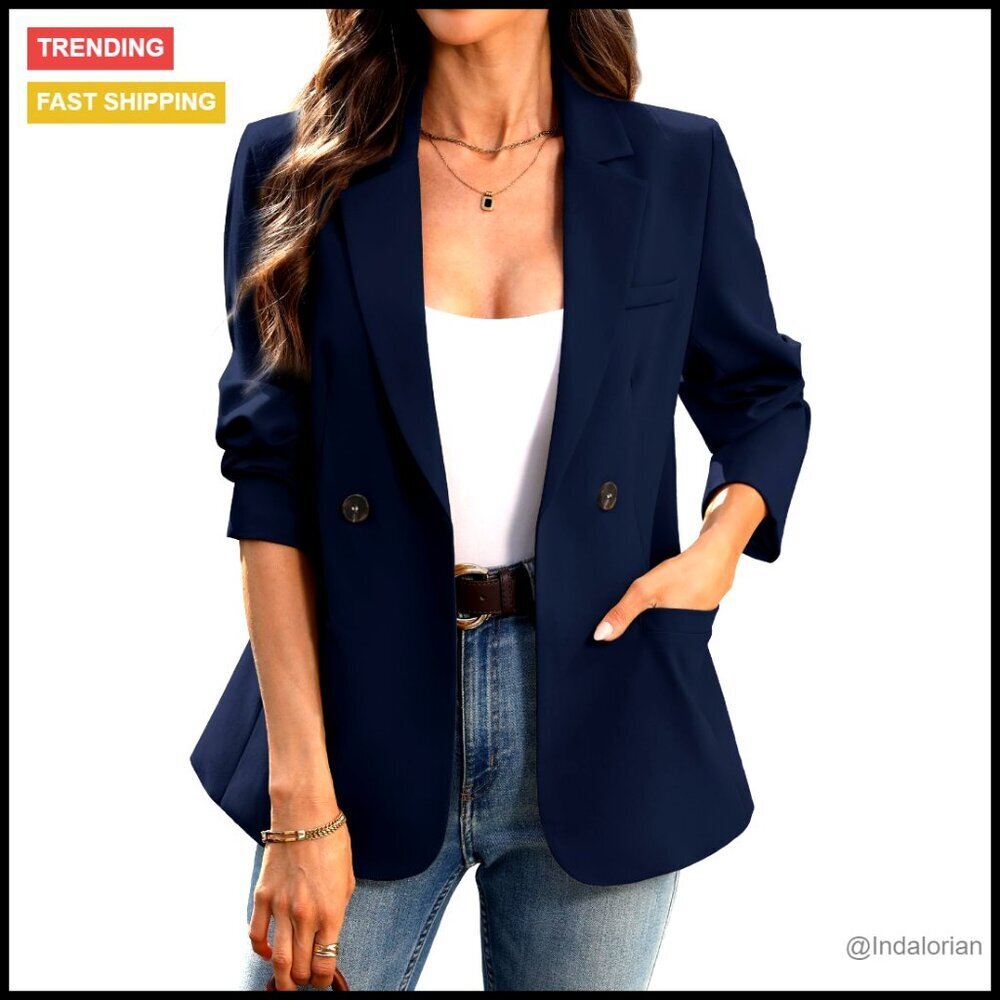 Slim Fit Blazer Double Breasted Elegant Office Work Jacket Pockets
